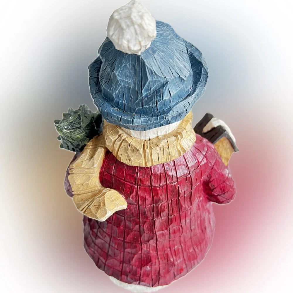 Vintage Herco 10” carved look Snowman Christmas red blue 2.7 lbs wood look resin